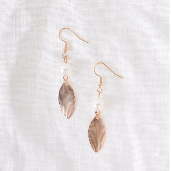 Gold & Pearl Feather Drop Earrings - Picture 3 of 8